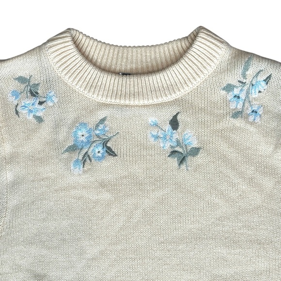 H&M Floral Embroidered Balloon Sleeve Bohemian Crew Neck Sweater Cream Women XXS - Picture 3 of 5
